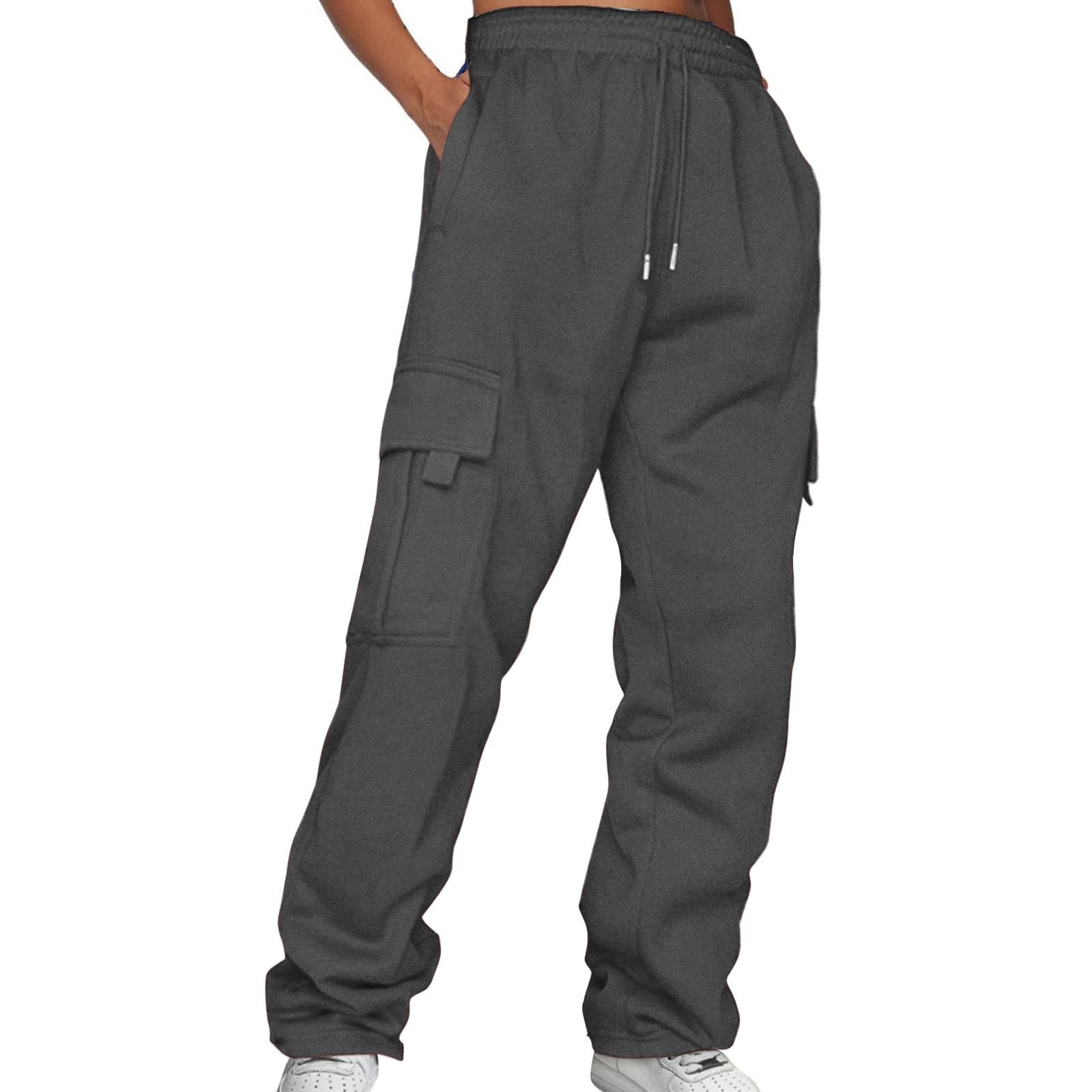 Bukknye Women's Dark Gray Cargo Sweatpants Drawstring Baggy Fleece Joggers Pants Pockets Straight Leg Tracksuit Bottoms Thermal Jogging Trouser Casual(,Xxl)