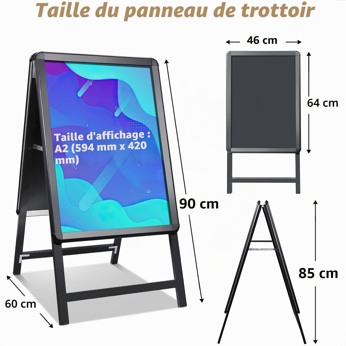Support Affiche Double Face Extérieur - Panneau Publicitaire A2 en Aluminium pour Menu de Restaurant, Stop Trottoir - Noir