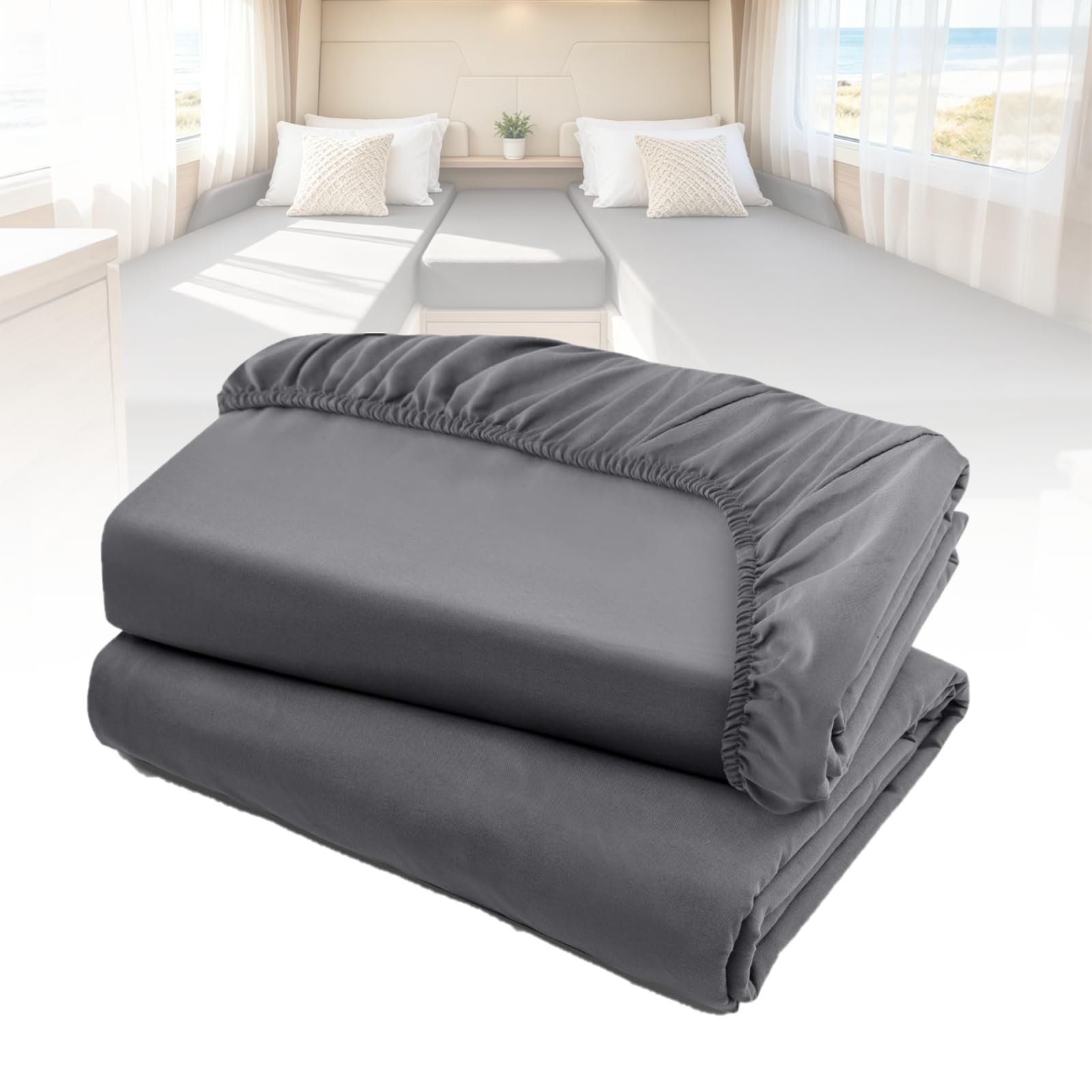 Wohnmobil Heckbett Spannbettlaken, 2 Längsbetten + 1 Mittelteil | 3-Teiligen Set, Hauptbett Nebenbett, Weiches, 360° Elastikrand, Wohnmobilbett Schonbezug, für Wohnwagen Hochbett Spannbettuch