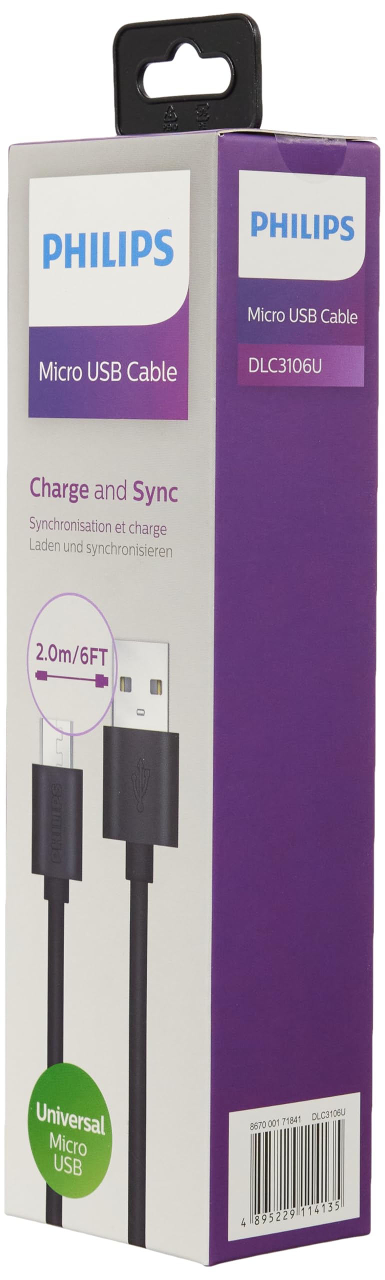 Philips Usb-Micro Usb Şarj Kablosu, 2 Metre, Pvc, Siyah (Dlc3106U/00)