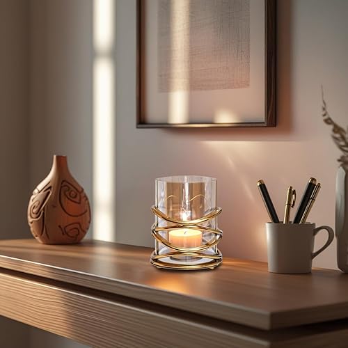 Miniatura 2 de Portavelas con cristal y metal decorativo en remolino, diseño de remolino, para decoración del hogar, mesa de consola, centro de mesa, patio,