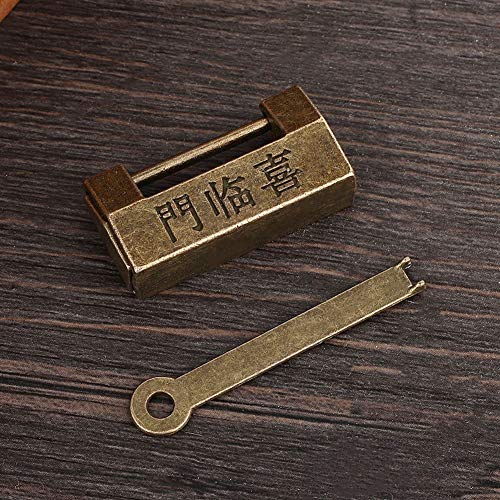 Image of Vintage Antique Lock, Mini Copper Chinese Retro Horizontal Padlock with Key for Jewelry Box Drawer, Hasp Pad Chest Lock Plate for Furniture Wooden Case Cabinet
