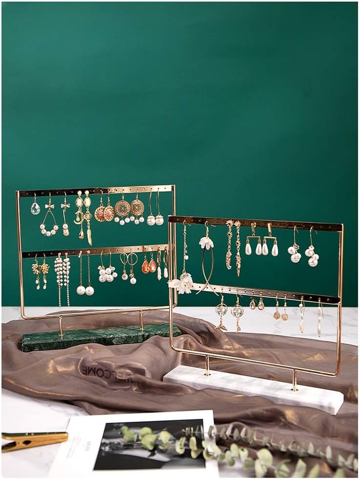 TiLeze 2段ジュエリーディスプレイスタンド - 錬鉄製ジュエリーディスプレイラック 大理石ボトムトレイ付き イヤリング/イヤス