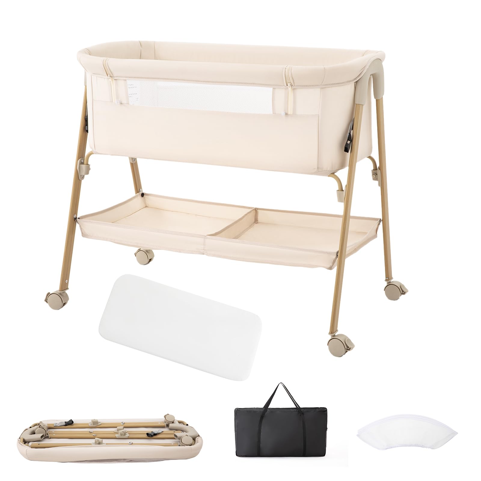 Zkiprm Cuna Colecho Bebé, Cama Colecho Bebé Plegable de Fácil Montaje, Cuna con mosquitero, 4 Ruedas Bloqueables, Bolsa de Viaje y Cesta de Almacenamiento | Máximo : 9 kg | 0 a 6 Meses（Beige）