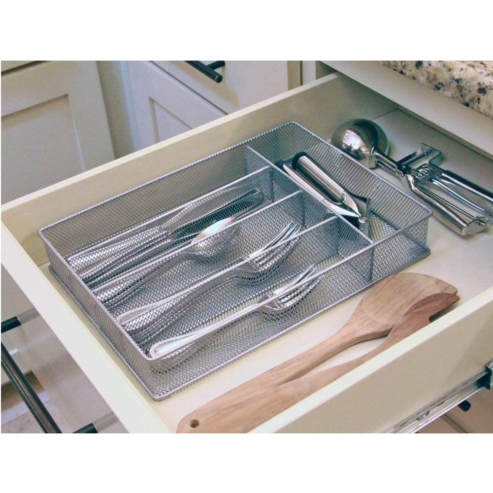 COSWE Plateau d'argenterie pour tiroir, organisateur d'argenterie, organisateur de tiroir en métal, ustensiles de cuisine avec pieds en mousse, organisateur de couverts dans tiroir