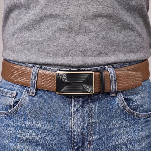 Image of THE MEN THING Mens 100% Genuine Leather Belt - SIGNORA Micro-Grain, RYZOR Chevron Auto-Lock Buckle (Brown & Black Reversible)