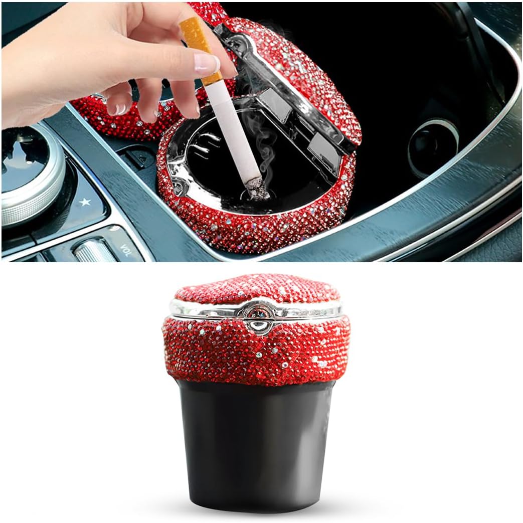 BESULEN Bling Car Ashtray, Portable Auto Cigarette Ashtray with Lid, Cigarette Smokeless Cylinder Cup Holder with LED Light Indicator, Crystal Diamond Auto Accessories for Home, Office (Red)