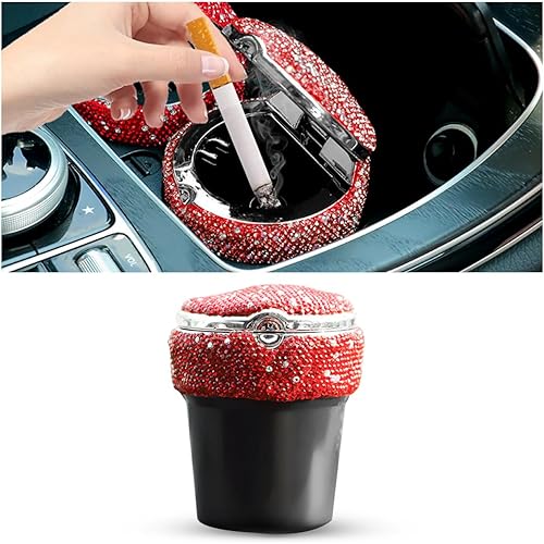 Miniatura 7 de BESULEN Cenicero de automóvil con brillos, cenicero portátil con tapa, soporte para taza cilíndrica sin humo con indicador de luz LED, accesorios