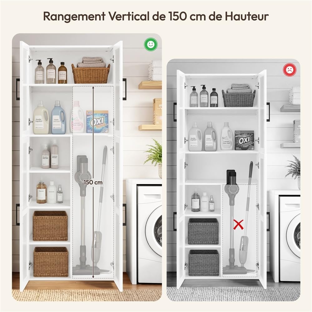 Yaheetech Meuble/Armoire de Rangement avec Compartiment Aspirateur, Colonne avec Étagères Réglables, 4 Portes, pour Salon, Cuisine, Salle de Bain, Blanc, 60x37x175.5 cm