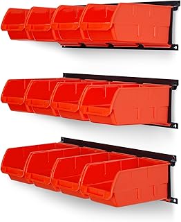 Ultrwall 12 PCS Bins & 3 Rails, Plastic Hanging Storage Organizer Bins, Wall mounted Garage Tool Storage Systerm, 12x bins(6.3inch X 3.2inch X 4inch), 3 x rails (17inch)