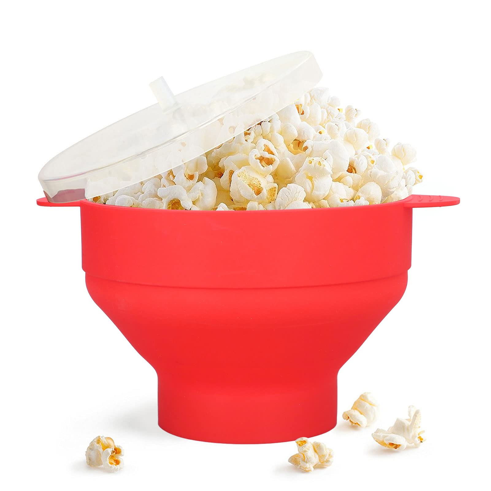 Large Microwave Popcorn Bowl with Lid and Handle, Food Grade Silicone Popcorn Popper, Resuable Microwave Popcorn Maker, Foldable DIY Popcorn Making Bowl, 40℃ to +230℃ Temperature Resistance (Red)