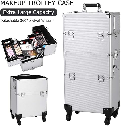 Miniatura 10 de Karl home Estuche de tren de maquillaje 3 en 1 con ruedas giratorias de 360 para esteticistas, estilistas, estudiantes de tecnología de uñas, Negro -