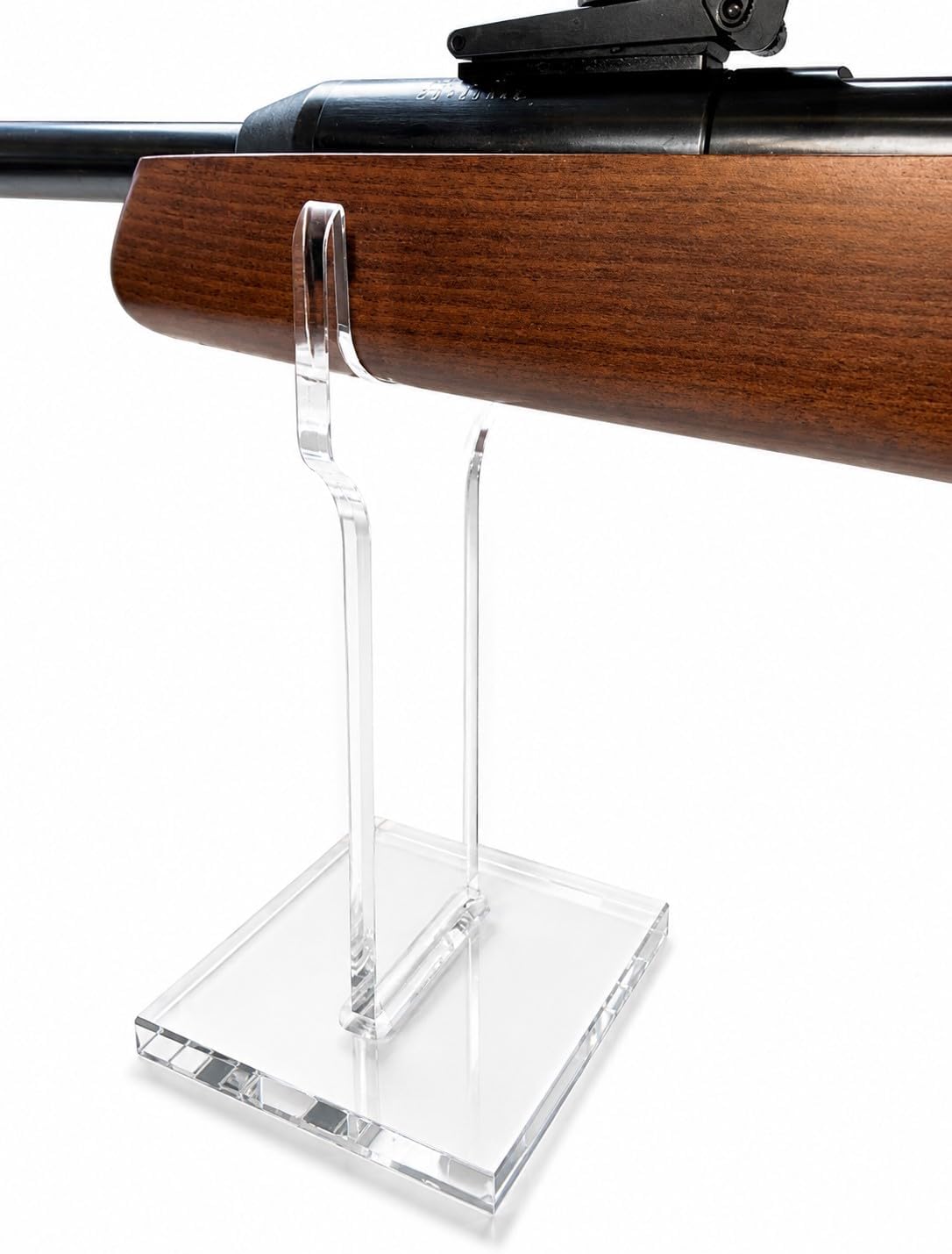 Clear Wide Gun display, rifle and long gun display stand SOLID acrylic one piece construction, individual units for displaying angled or straight collectible rifles and guns. Order TWO, one for each side, choosing from multiple size options. (8 Inch)