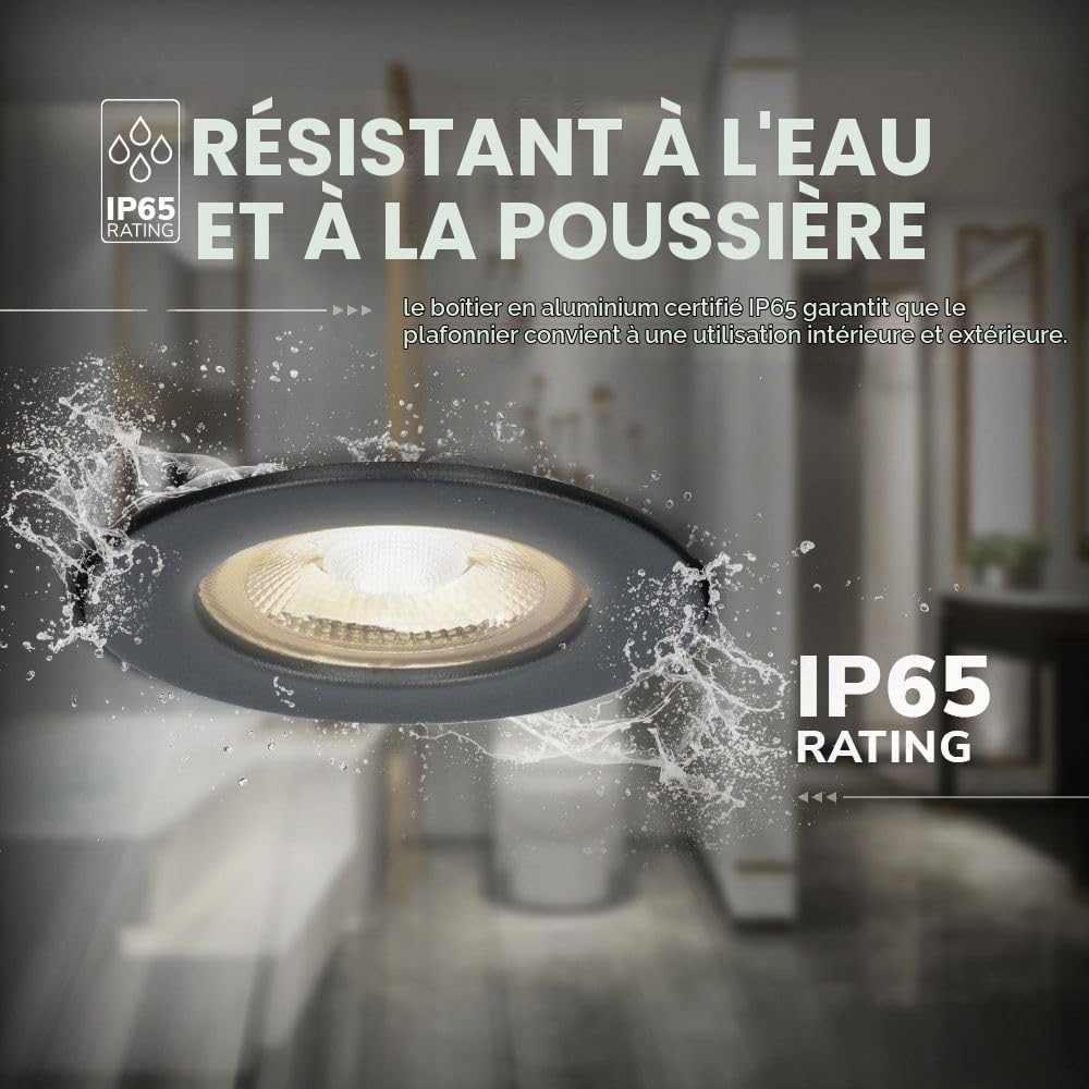 HOFTRONIC - 3x Nola LED Spot encastrable 68 mm Noir - IP65 étanche pour salle de bain, salon et extérieur - 5W 450lm - 2700K extra blanc chaud - spot plafond - spot plafonnier- spot terrasse