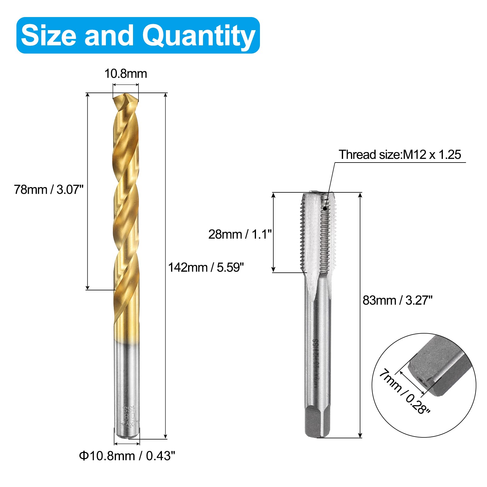 Set di maschi e punte da trapano, 1 maschio per filettatura metrica a scanalatura dritta M12 x 1,25 e 1 punta elicoidale da 10,8 mm, kit di utensili per filettatura HSS-6542 non rivestiti/rivestiti