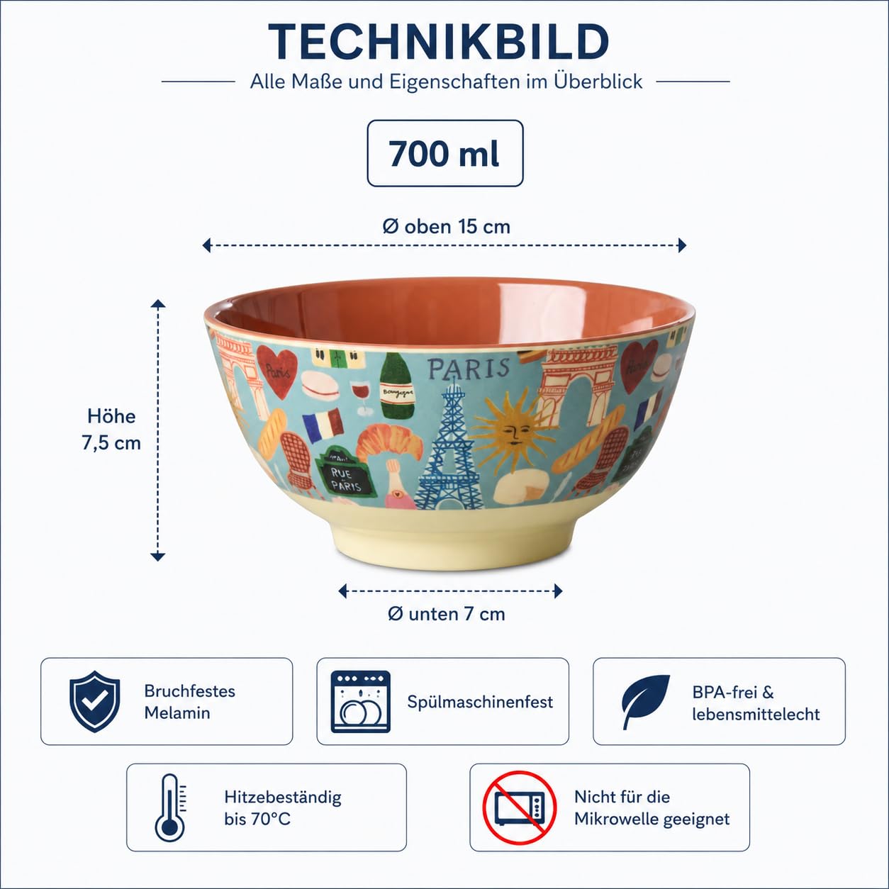 ReWu RICE Melaminschale Paris Mon Amour, 700 ml, BPA-frei, spülmaschinenfest, große Müslischale Snackschale Salatschale, Ø 15 cm