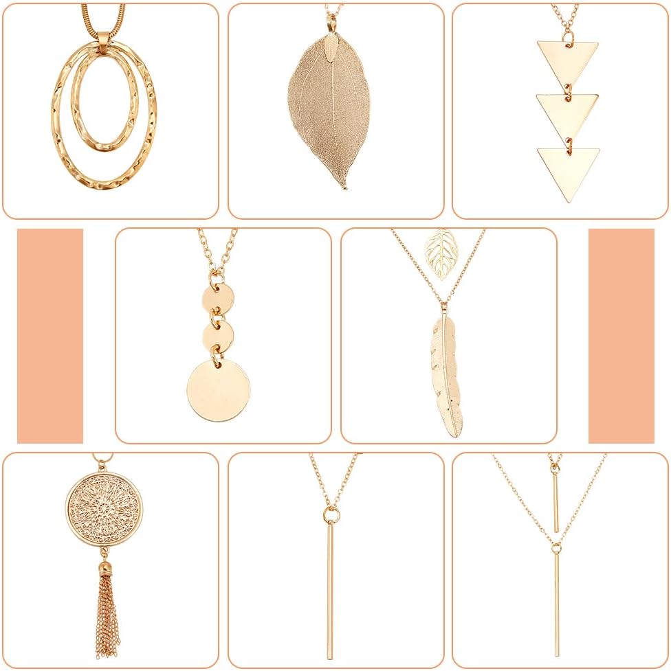 ANATTASOUL 8 Pieces Long Pendant Necklace Necklaces for Women Trendy Y Tassel Leaf Circle Bar Necklace Layered Necklaces for Women Boho Jewelry Gift for Valentine's Day, Women's Day - Image 3