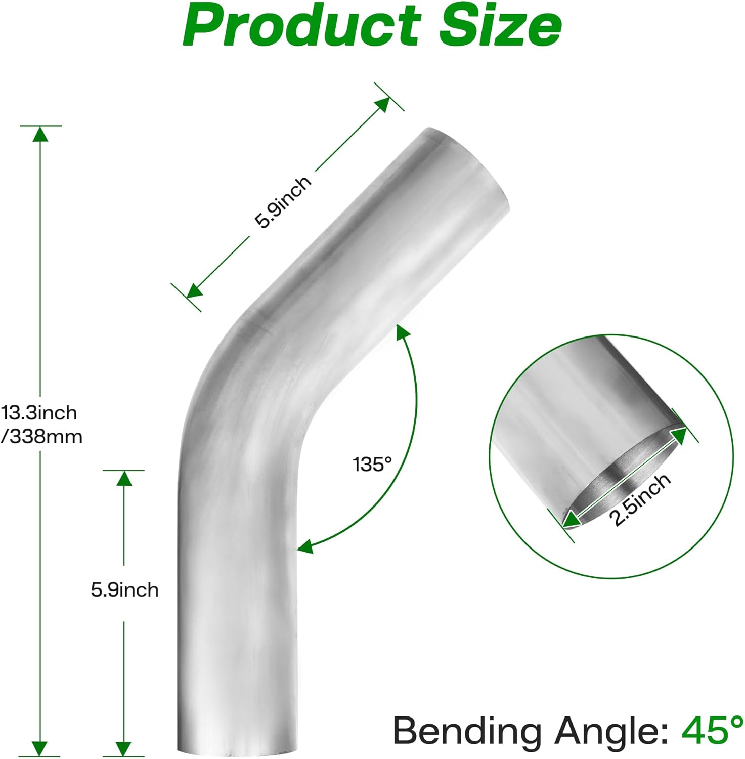 2.5" OD 45 Degree Exhaust Pipe Stainless Steel Mandrel Bend Elbow, 2.5 Inch DIY Custom Exhaust Bend Pipe Tube for Universal Fit, 5.9"/150mm Leg Length, 2PCS