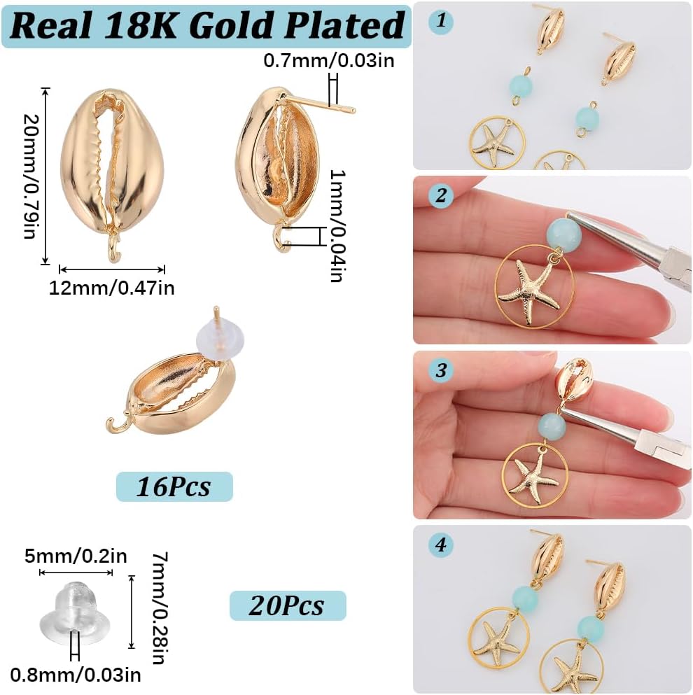 SUNNYCLUE 1 Box 16Pcs Real 18K Gold Plated Stud Earrings Cowrie Shell Earring Studs with Loop 20Pcs Plastic Ear Backs Stud Earring Findings for Jewelry Making Earrings Supplies DIY Craft Handmade image 2