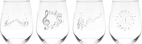 C M Juego de copas de vino sin tallo de notas musicales para mujeres y hombres, 4 piezas, regalo temático para amantes de la música, 17 onzas