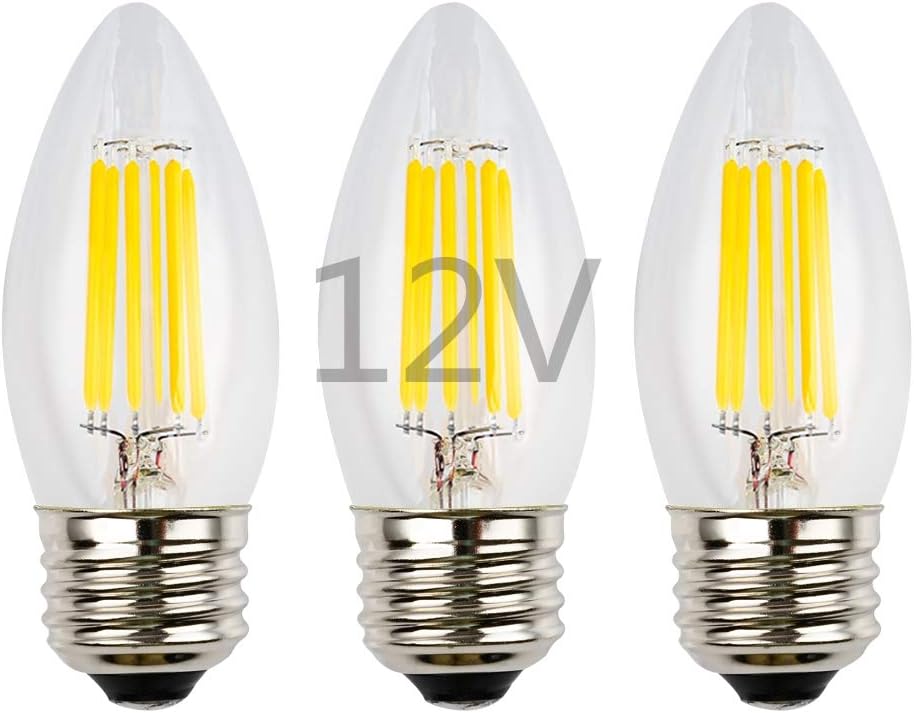 12V Low Voltage LED Bulb, 6W Dimmable with 12V DC Dimmer, 2700K Warm White Light, E26 Medium Base, Clear Glass Torpedo Tip, 600Lm 60W Incandescent Equivalent, 12-24 Volt DC Operated, 5-Pack
