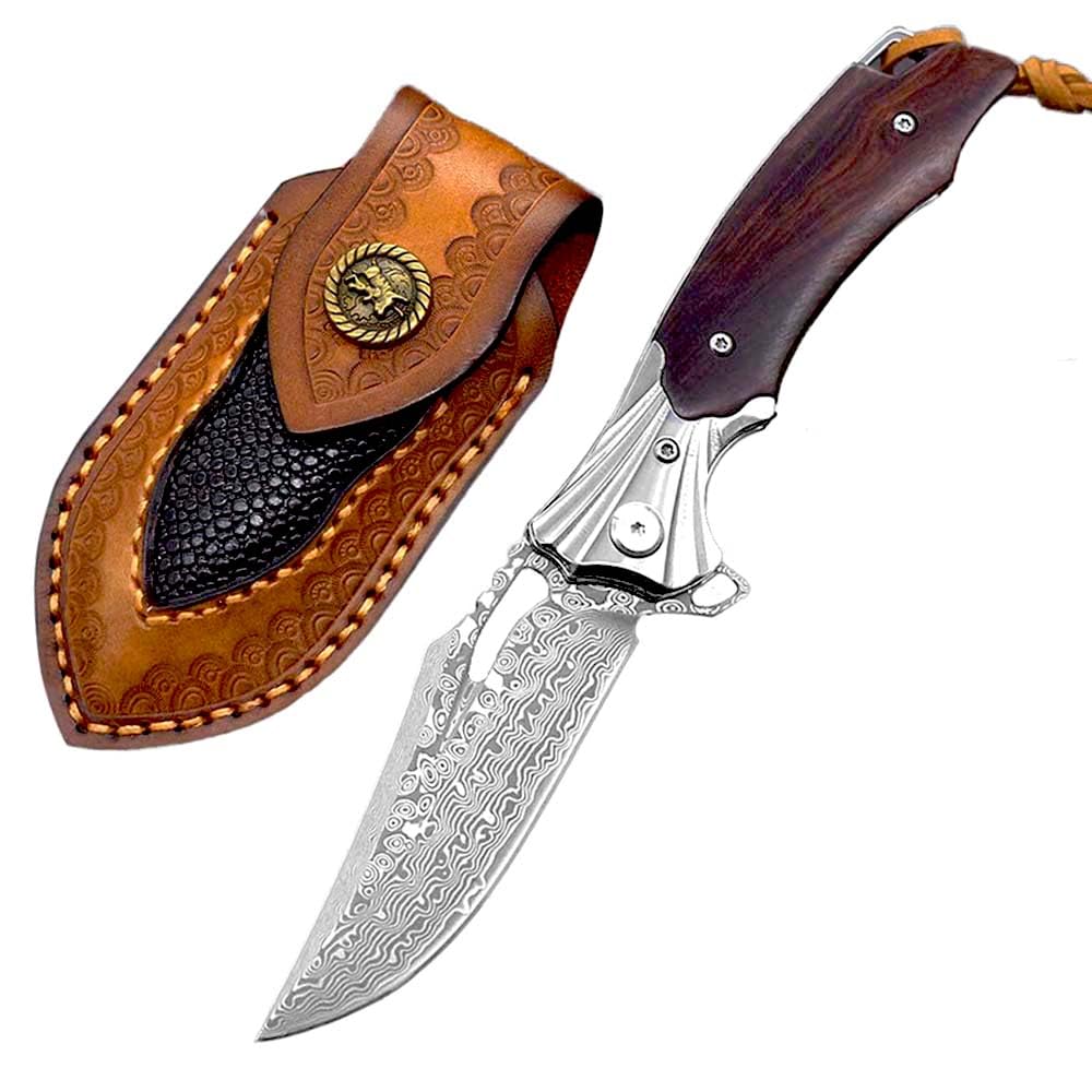 Joa Damast Taschenmesser mit Lederscheide, Damaststahl Klinge, Holzgriff