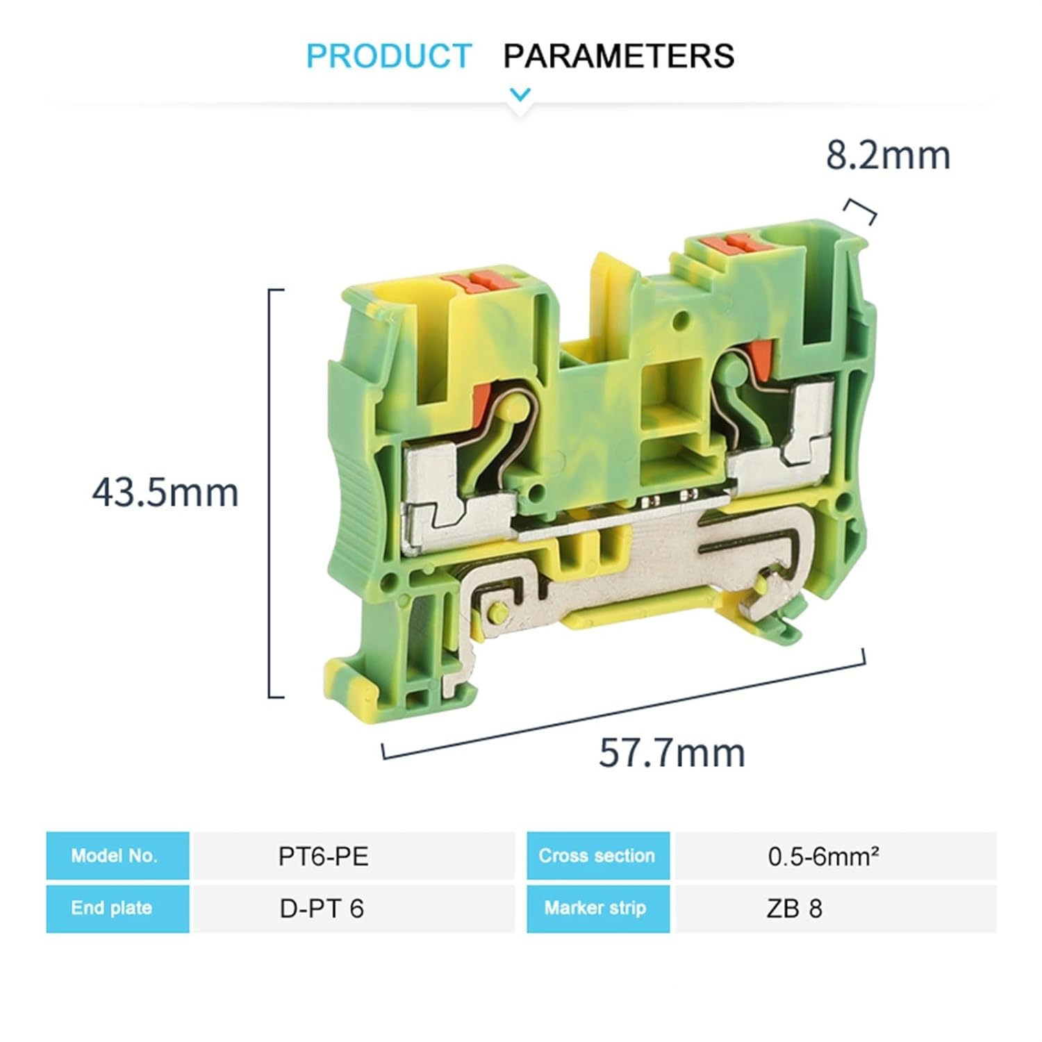 PT6-PE Push-in 6mm² Ground Din Rail Terminal Block Feed-Through Protective Earth Strip Wire Electrical Connector PT 6-PE(5 Pcs)
