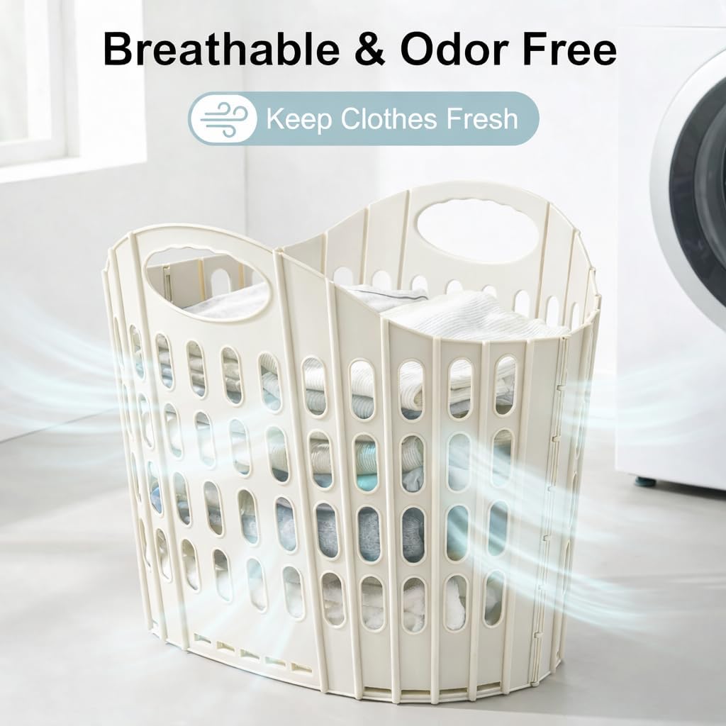 Collapsible Laundry Basket, Foldable Plastic Hamper with Handles, White | Foldable, Ventilated, Space Saving, Built-in Handles, PP Plastic