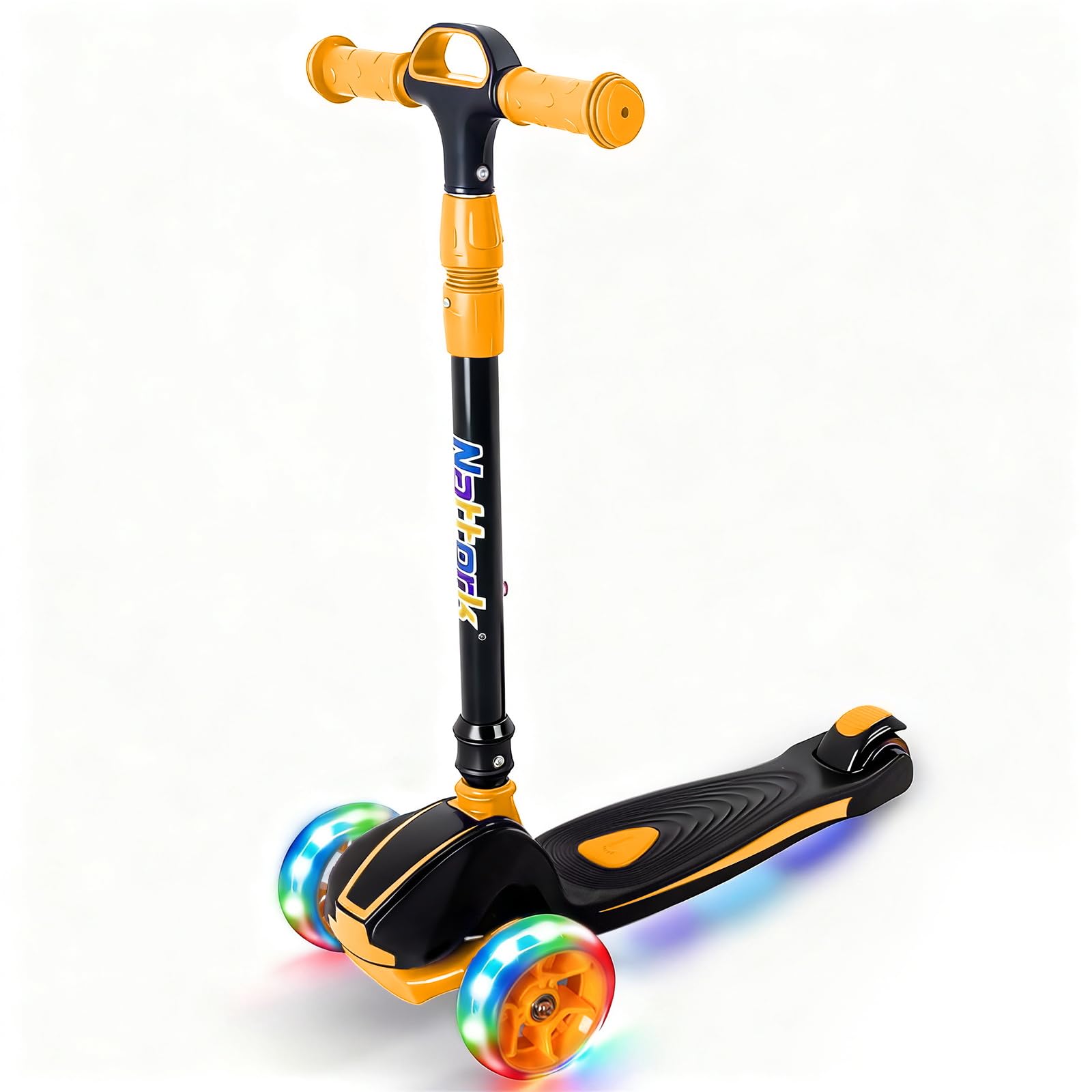 Scooter de 3 ruedas iluminado para niños pequeños de 3 a 12 años con 4 alturas ajustables para niños y niñas, capacidad de peso de 120 libras, patinete plegable, color naranja