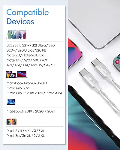 Miniatura 7 de etguuds Cable USB C a USB C blanco 6 pies, paquete de 2, cable de carga rápida de 60 W tipo C a tipo C para Samsung Galaxy S23 S22 S21 S20 Ultra 5G,