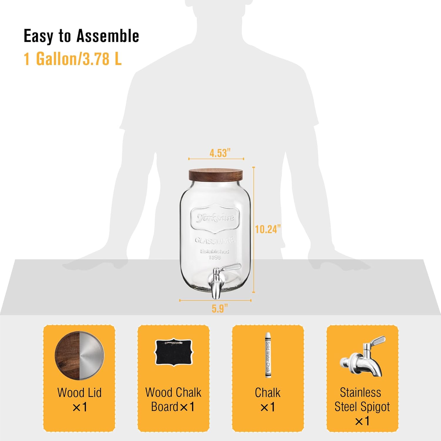 Mustry Glass Drink Dispenser for Parties, 1 Gallon Beverage Dispenser with Spigot Solid Stainless Steel, Used as Lemonade Dispenser Sun Tea Jar Kombucha Jar - Image 2