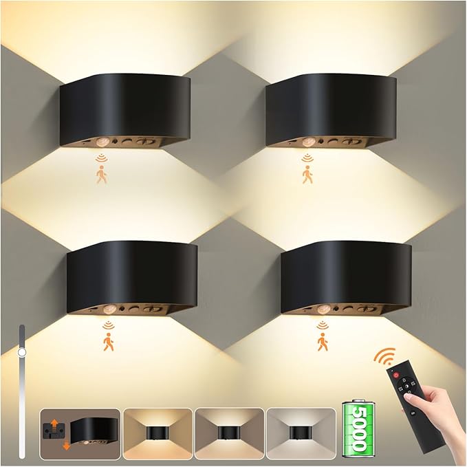 Audor Wandlamp met accu, voor binnen, 5000 mAh, met afstandsbediening, 4 stuks, draadloze wandlamp met bewegingssensor, 3 kleuren, wandlicht, up-down, wandverlichting, oplaadbare wandspot voor trap