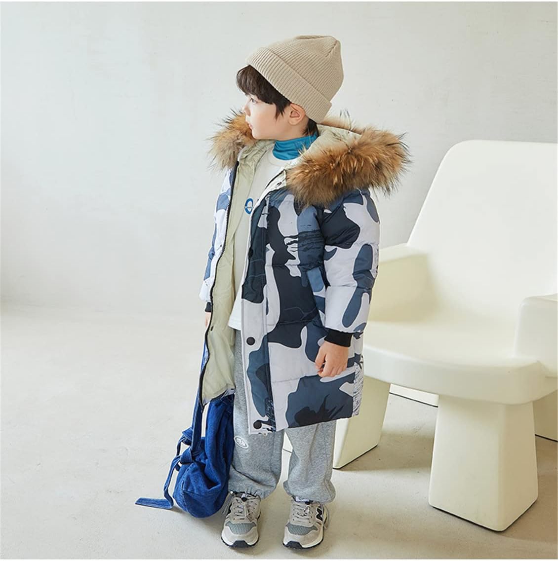 Little Boys Girls Winter Warm Long Puffer Down Fur Hooded Coat Zip Up Jacket Windproof Snowsuit Coat Outerwear