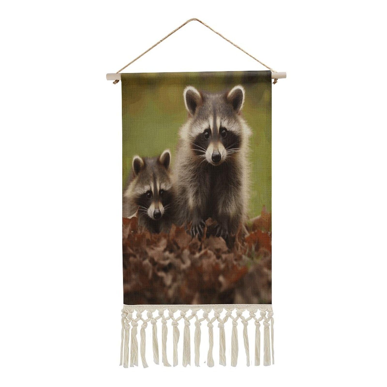 VstaDank Raccoon Wall Art Decor with Tassels 20"x10" Cotton Linen Hanging Tapestry Decor Wall Art Prints Wood Frame Boho Wall Art Poster for Bedroom Living Room Office