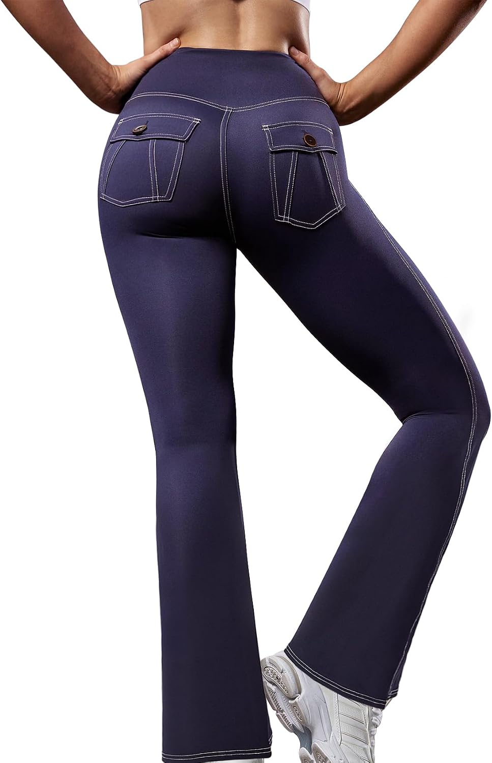 SEASUM Women High Waist Scrunch Butt Lift Cargo Flare Yoga Pants Tummy Control Faux Denim Contrast Stitch Pockets