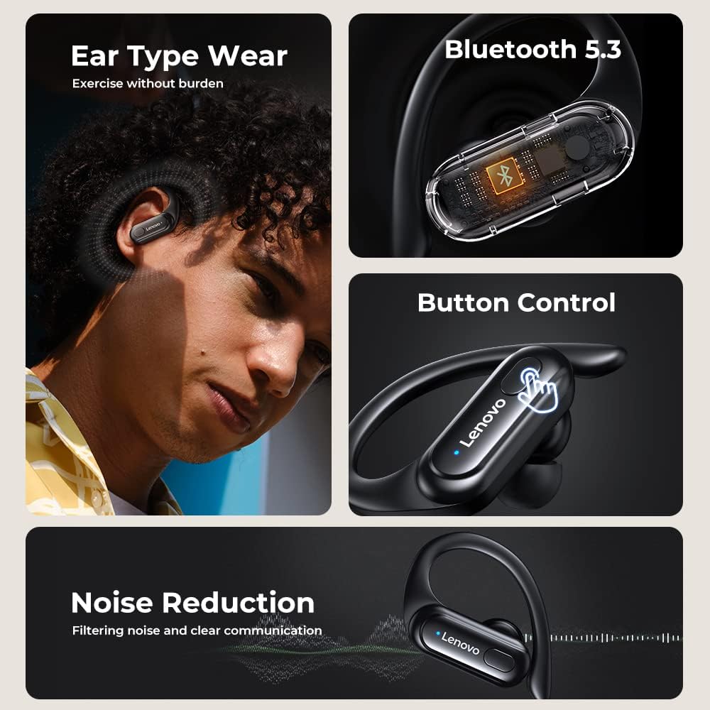 Collage showing ear type wear, Bluetooth 5.3 chip, button control, and noise reduction features