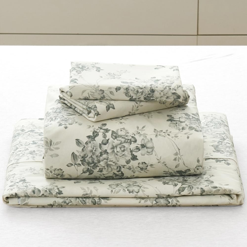 DAUAOTO 100% Cotton Bedding Printed Sheets Set for Full Size Bed Up to 14" Deep Mattress, Toile Rose Floral Pattern Bedlinen Sets, Gray