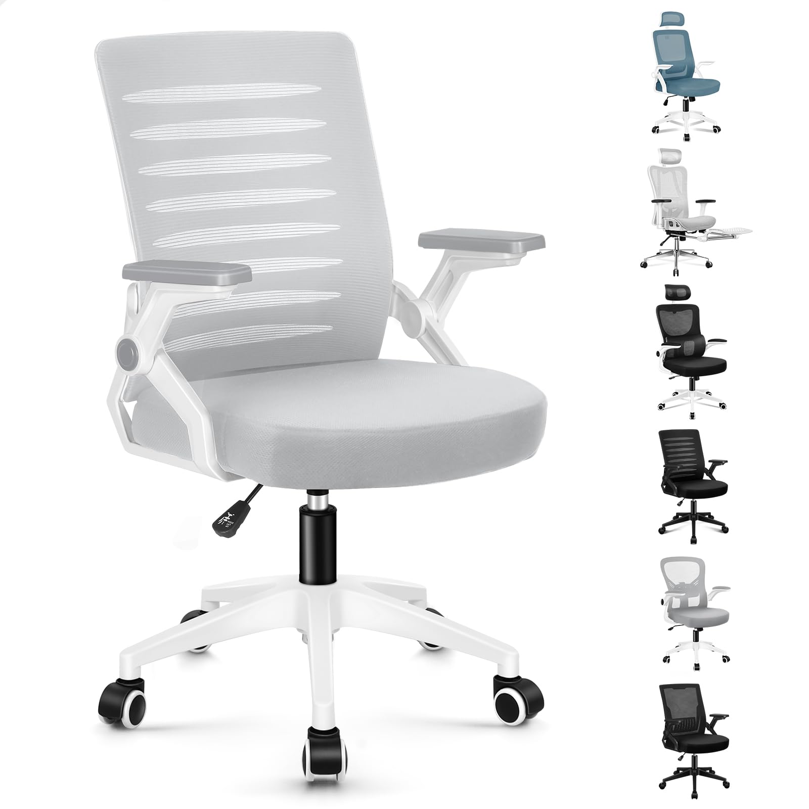 ALFORDSON Sedia Ufficio Ergonomica con Braccioli Pieghevoli Bianca e grigia | Poltrona Scrivania Girevoli in Rete Serie WALE, Funzione di Inclinazione, Portata 150 kg, Altezza regolabile
