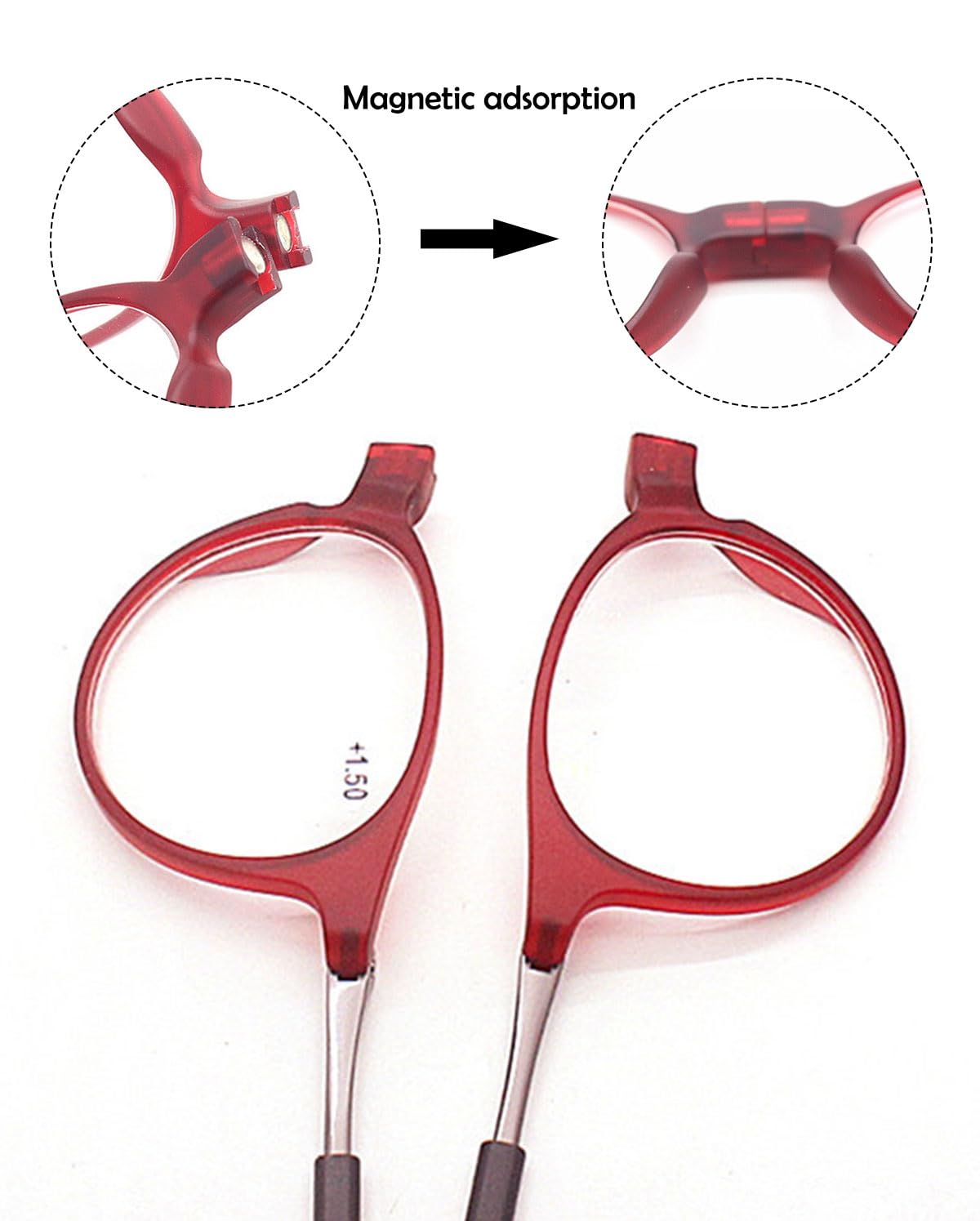 KOOSUFA Runde Magnetische Lesebrille mit Magnetverschluss Clip Herren Damen Leicht TR90 Faltbare Lesehilfe Arbeitsplatzbrille mit Einziehbare Brillenbügel, zum Aufhängen am Hals