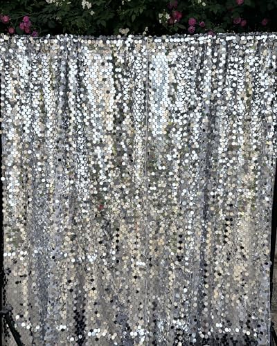 HMQIANG Cortina de telón de fondo de lentejuelas plateadas de 10 x 10 pies, lentejuelas de 18 mm, telón de fondo de fotografía brillante para fiestas, bodas, cumpleaños, decoración de pared