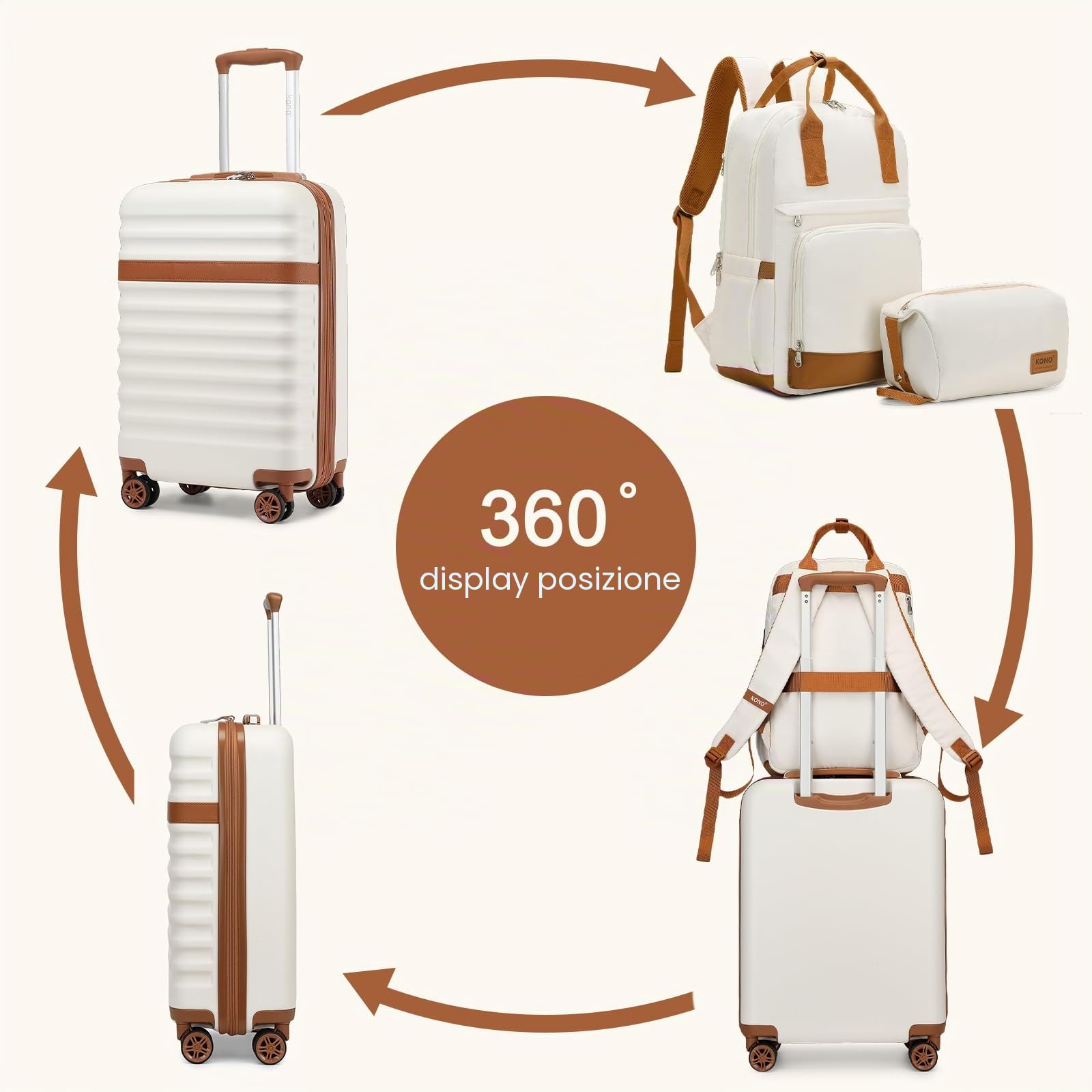 KONO Set di valigie Valigia bagaglio a mano ABS+PC Hardshell Travel Trolley con serratura TSA e 4 ruote Spinner, Crema/Marrone, 20 Inch Luggage Set, Valigia da viaggio leggera con guscio rigido