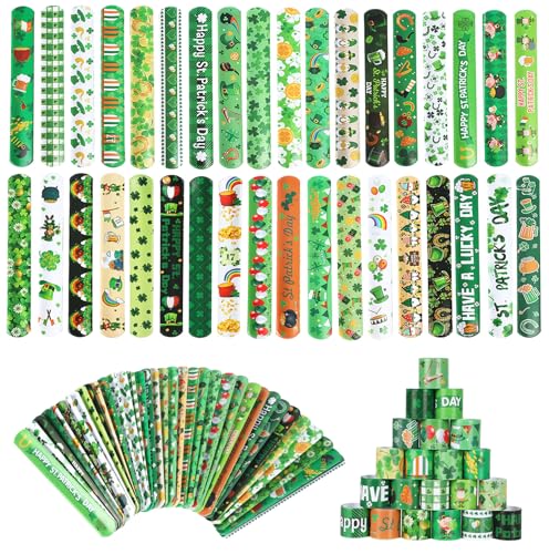 St Patricks Day Slap Bracelets 36 PCS St Patricks Day Gifts for Kids St Patrick Day Party Favors Shamrock Snap Bracelets Wristbands Bulk Slap Bracelets Holiday Goodie Bag Stuffers Classroom Prizes