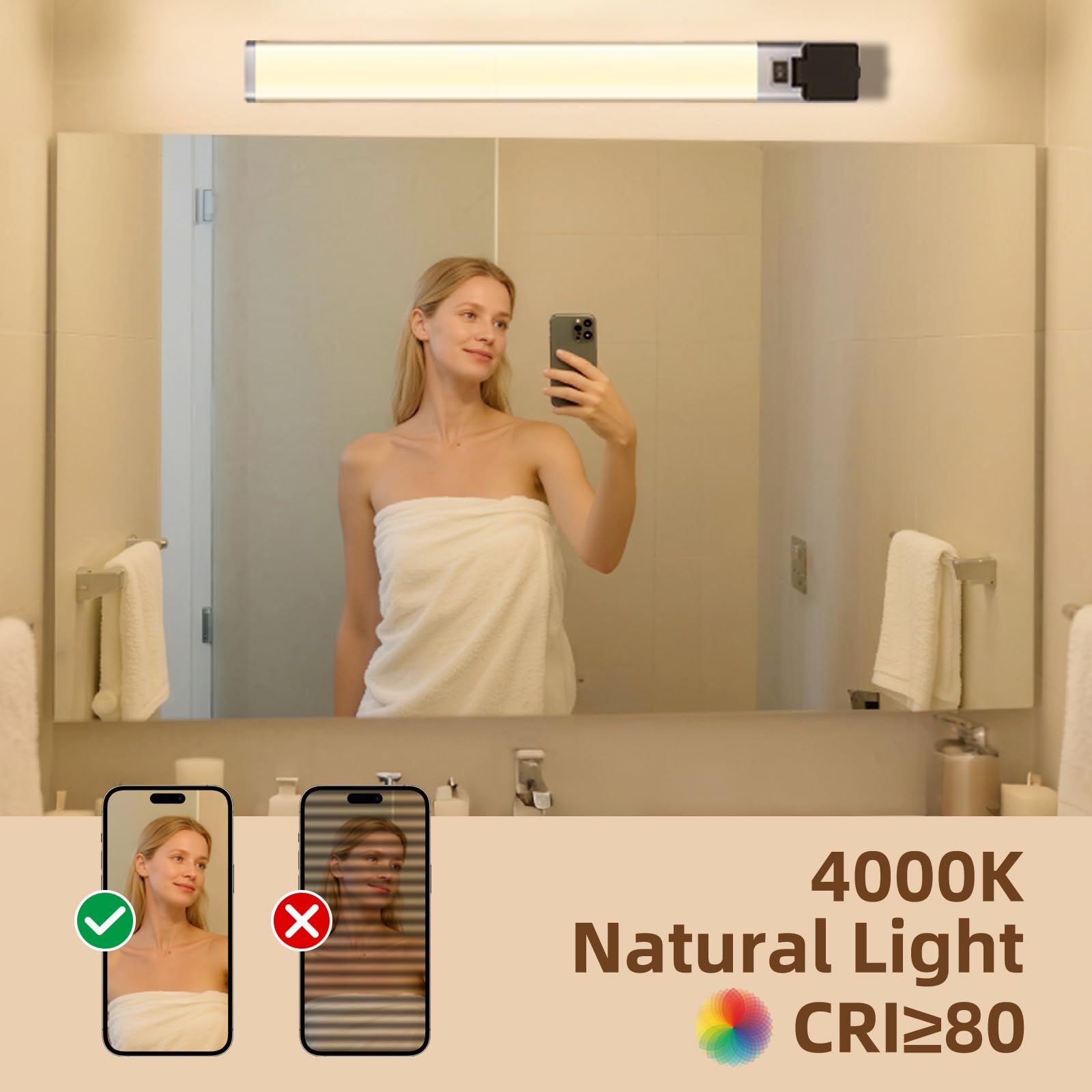 Aigostar Lámpara LED de Espejo con toma de corriente 66.5cm 15W 1350LM Lámpara de Baño 4000K Luz natural Lámpara LED de Pared IP44 230V Luz de Espejo de Baño de Blanco Apliques Espejo de Baño