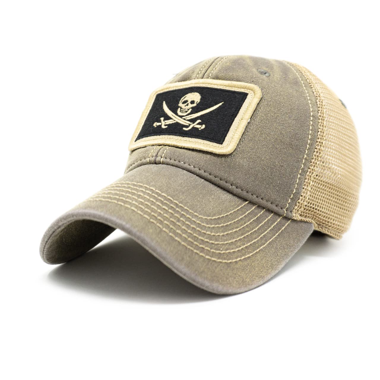 Calico Jack Skull and Swords Pirate Flag Trucker Hat, Driftwood