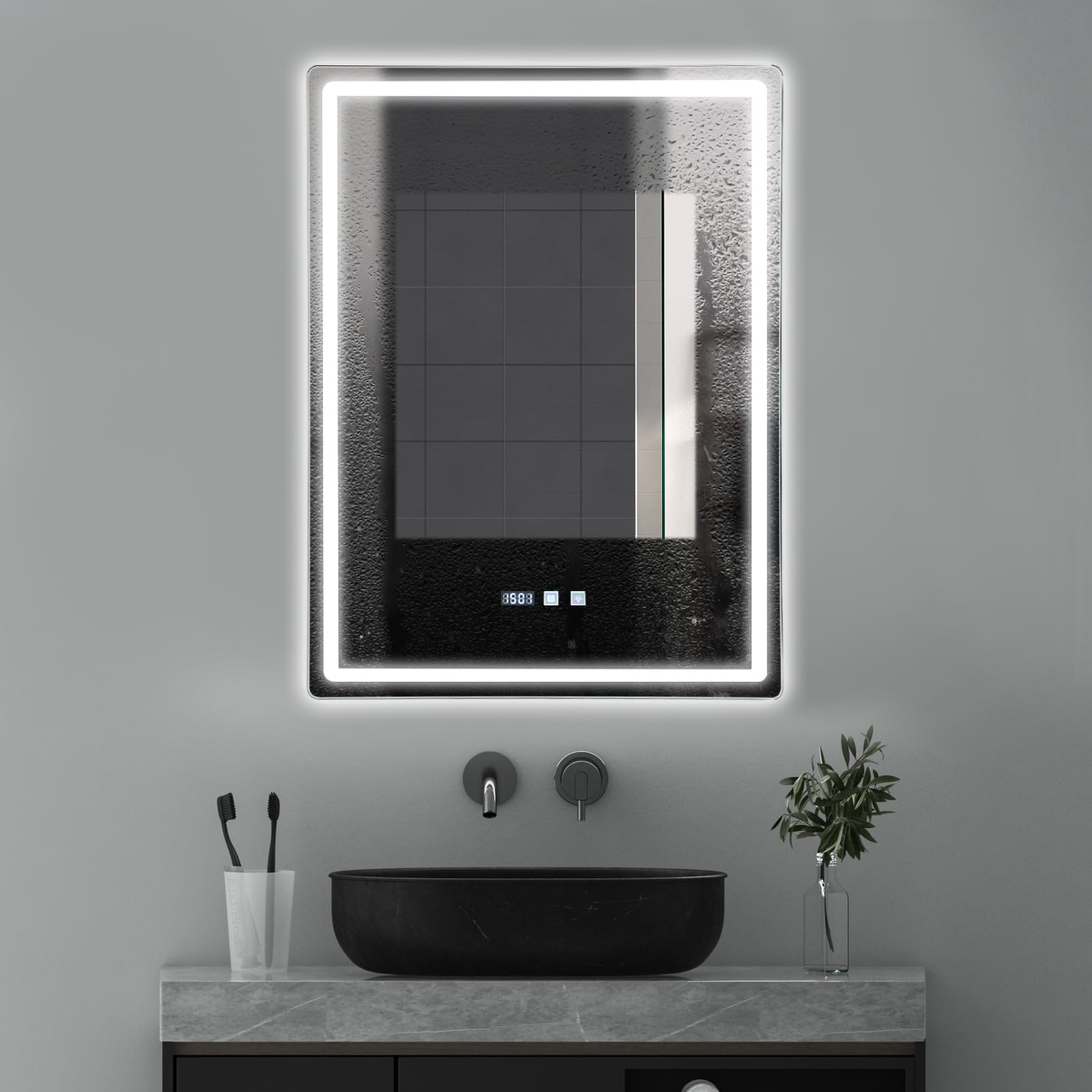 Espejo de baño LED, táctil, regulable, sin vaho, con iluminación de reloj, espejo de pared para baño, hotel, salón, uso