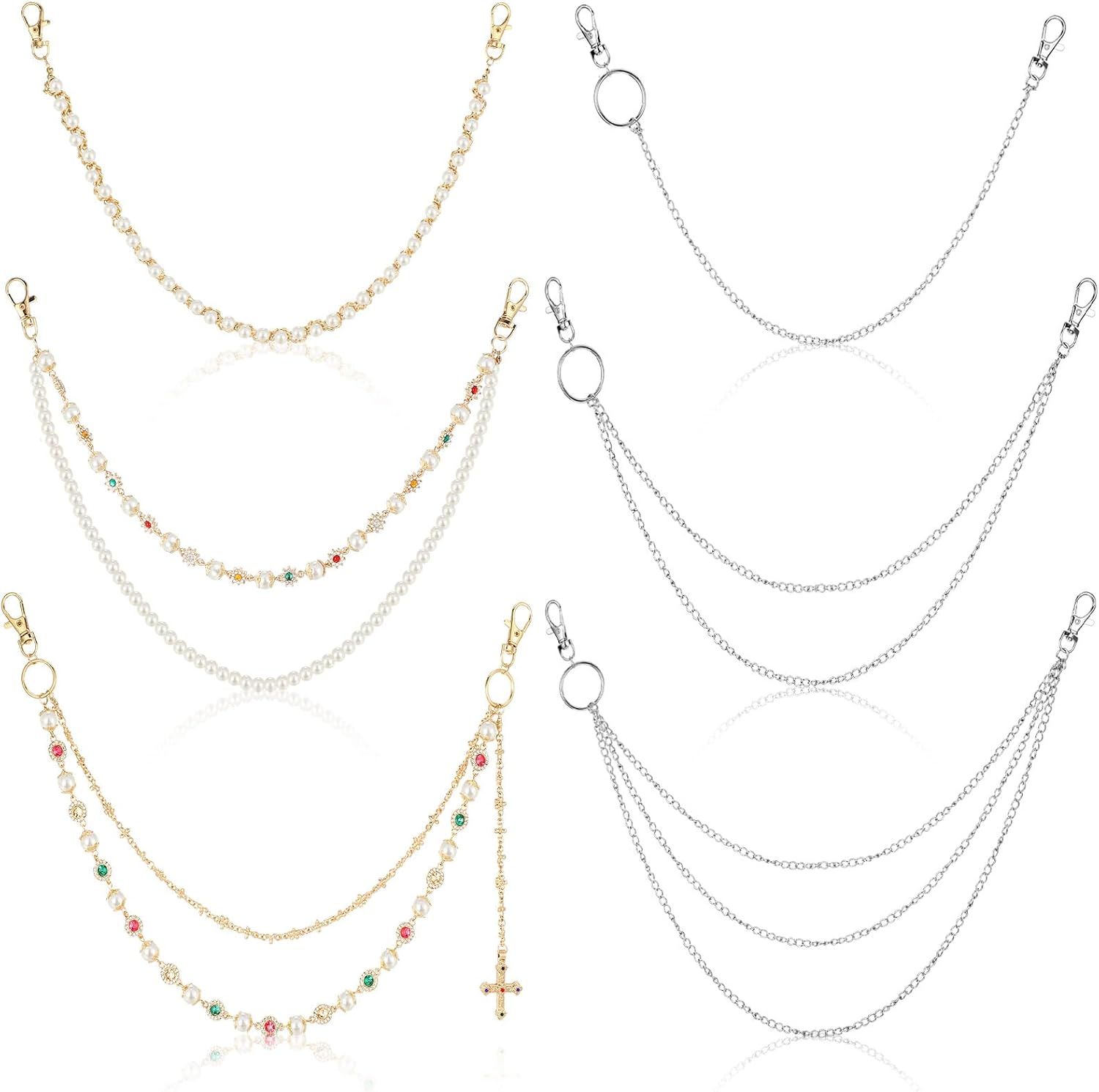 Fourluoo 6 Pcs Pant Chains Layered Wallet Chain for Men Women Skull Pearl Chain Jean Accessories Fashion Metal Keychain