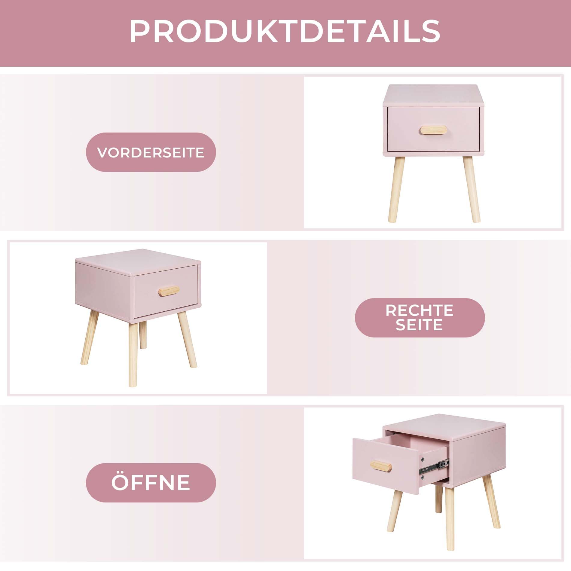 Rebecca Mobili Nachttisch für Kinder, Möbel für Kinderzimmer, Rosa Braun, Kiefern MDF, mit 1 Schublade mit Führungsschienen, Platzsparend - Maße HxBxT: 44 x 35 x 35 cm - Art. RE6977