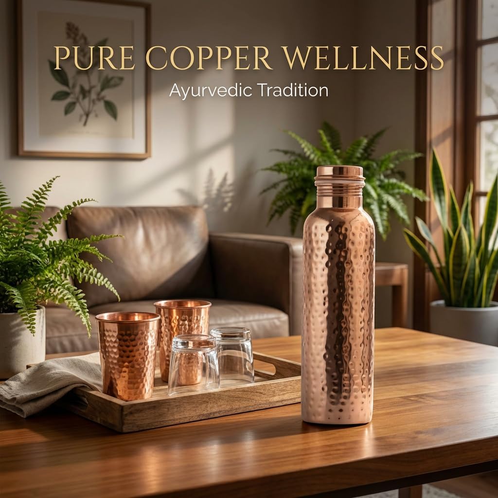 Pure Hammered Copper Water Bottle for Drinking - 34 Oz Capacity with Leak-Proof Cap. Cleaning Brush & Carry Bag Included, Reusable Copper Drinking Bottle for Natural Ayurvedic Benefits.