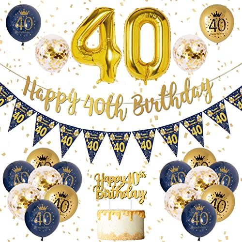 40th Birthday Decorations Men Blue Gold Happy 40th Birthday Banner, 40th Birthday Balloons, Navy Blue Gold Latex Balloons Party Decorations Confetti Balloons for Men 40 Birthday Party Supplies