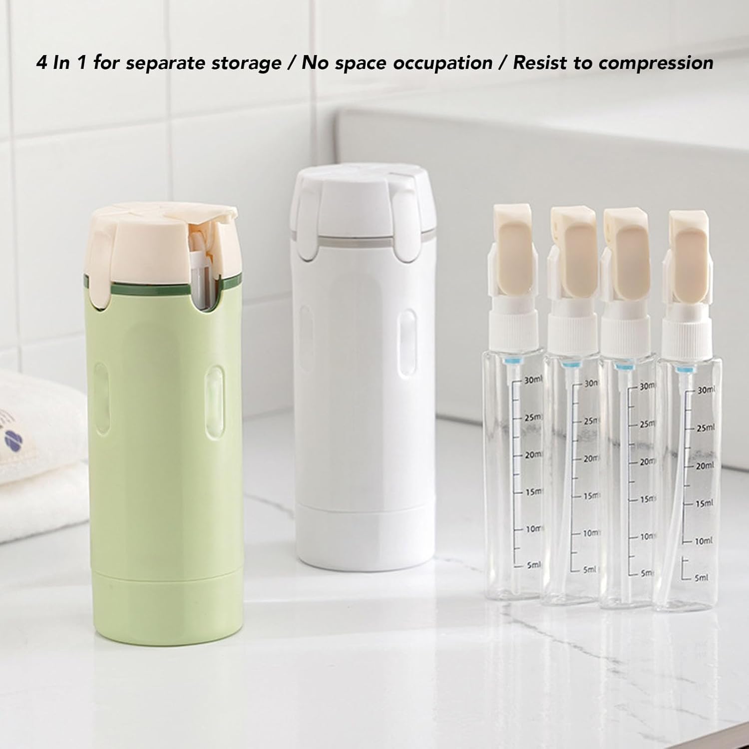 Ymiko 4 in 1 Travel Dispenser Bottle, Leakproof Refillable Portable Press Bottle Kit for Shampoo Conditioner Lotion Travel Toiletries PET ABS Silicone Sealing 30ml (Green)